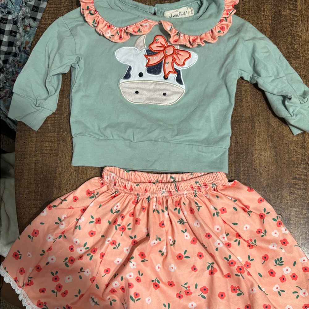 Marie Nicole Floral Cow Peach Outfit Toddler Size 12/18 Months